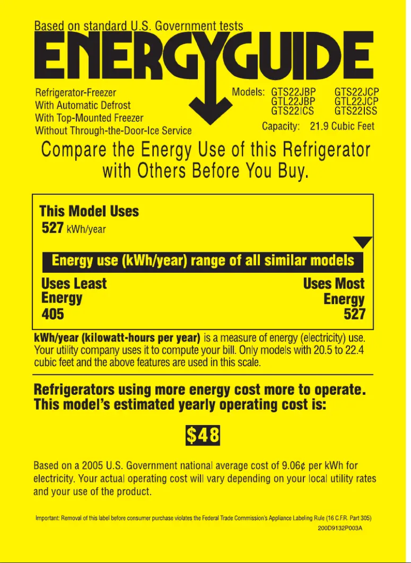 Page 1 de la notice Label énergétique GE GTS22ICSRWW