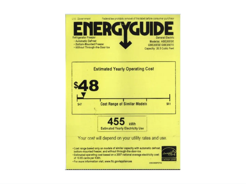 Page 1 of the manual Energy Label GE Artistry ABE20EGEWS