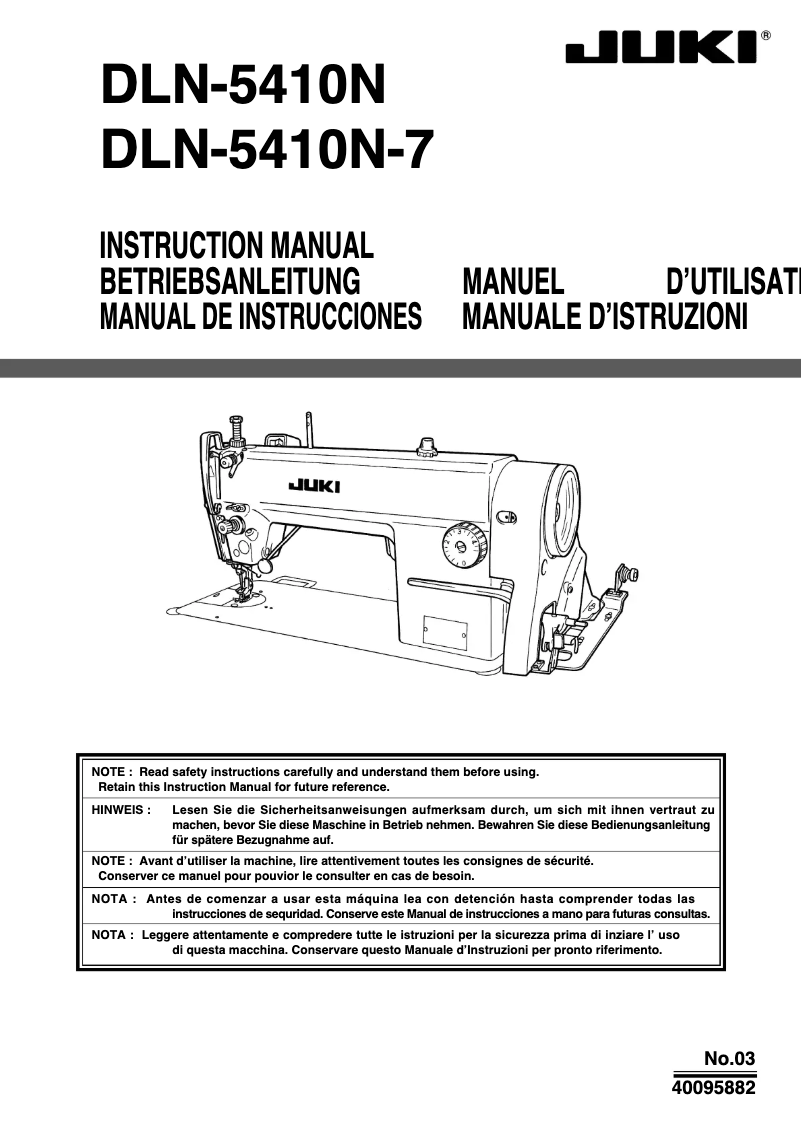 Page 1 de la notice Manuel utilisateur Juki DLN-5410N-7