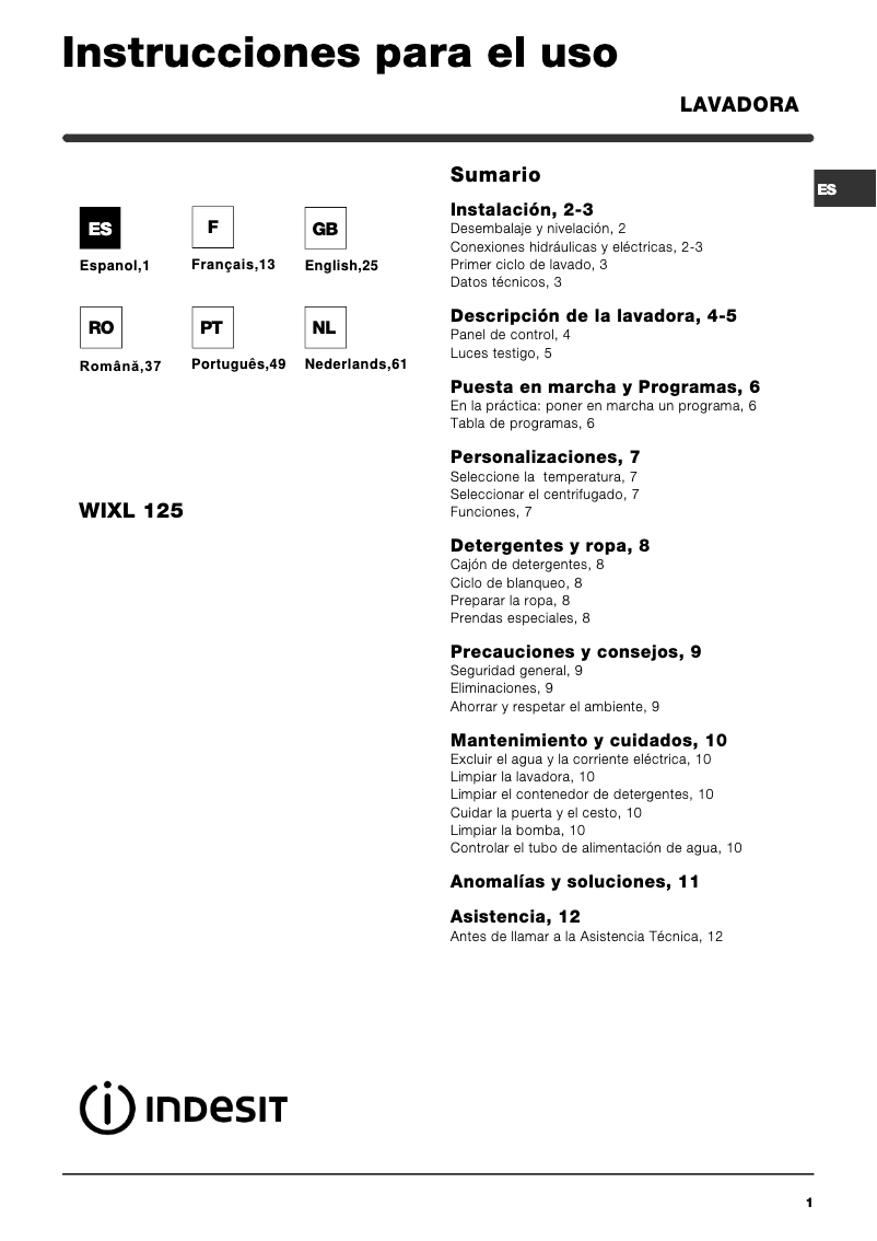 Page 1 de la notice Manuel utilisateur Indesit WIXL 125 (EX) (TE)