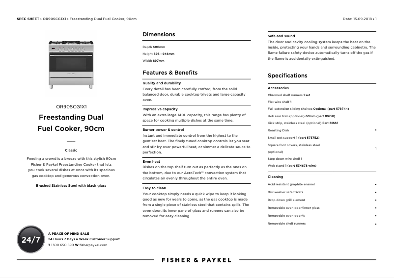 Page 1 de la notice Fiche technique Fisher & Paykel OR90SCG1X1