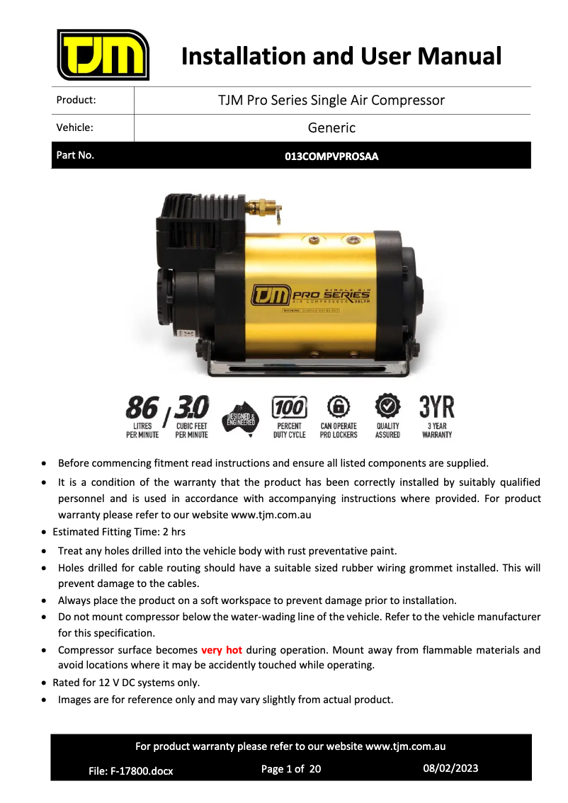 Page 1 de la notice Manuel utilisateur TJM Single Air Pro Series