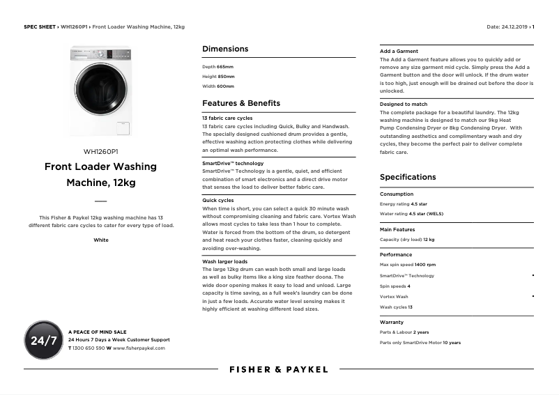Page n°1 - Fiche technique Fisher & Paykel WH1260P1