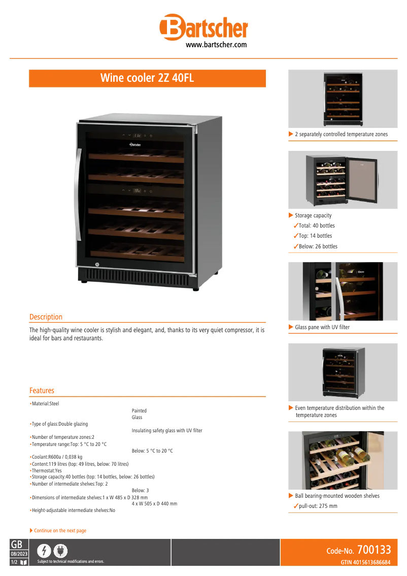 Page 1 de la notice Fiche technique Bartscher 2Z 40FL