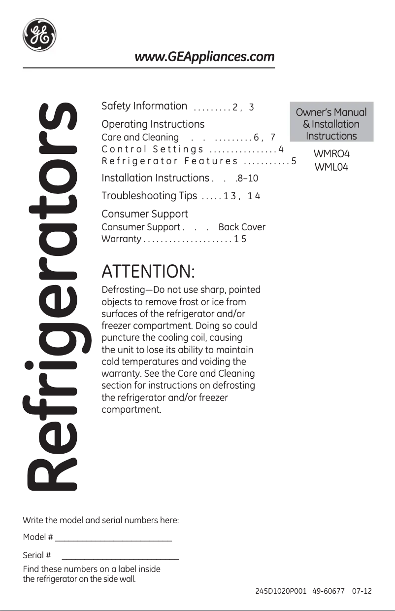 Page 1 de la notice Guide d'installation GE WML04GADBS