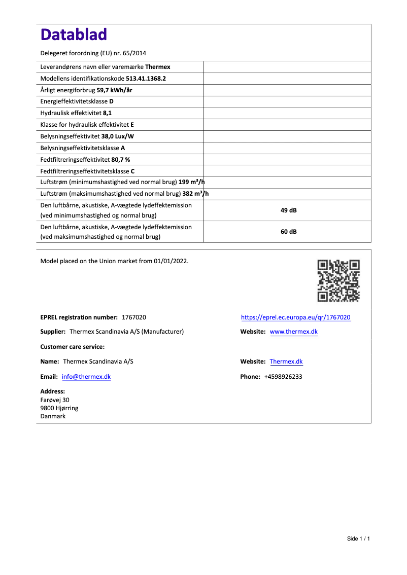 Page n°1 - Fiche technique Thermex TFM 452