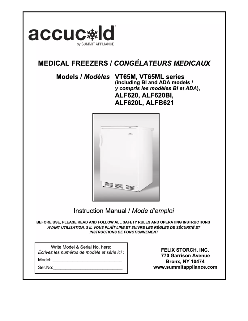 Image de la première page du manuel de l'appareil Accucold VT65MLBIMED