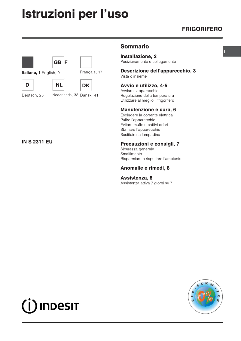 Page n°1 - Manuel utilisateur Indesit IN S 2311 EU