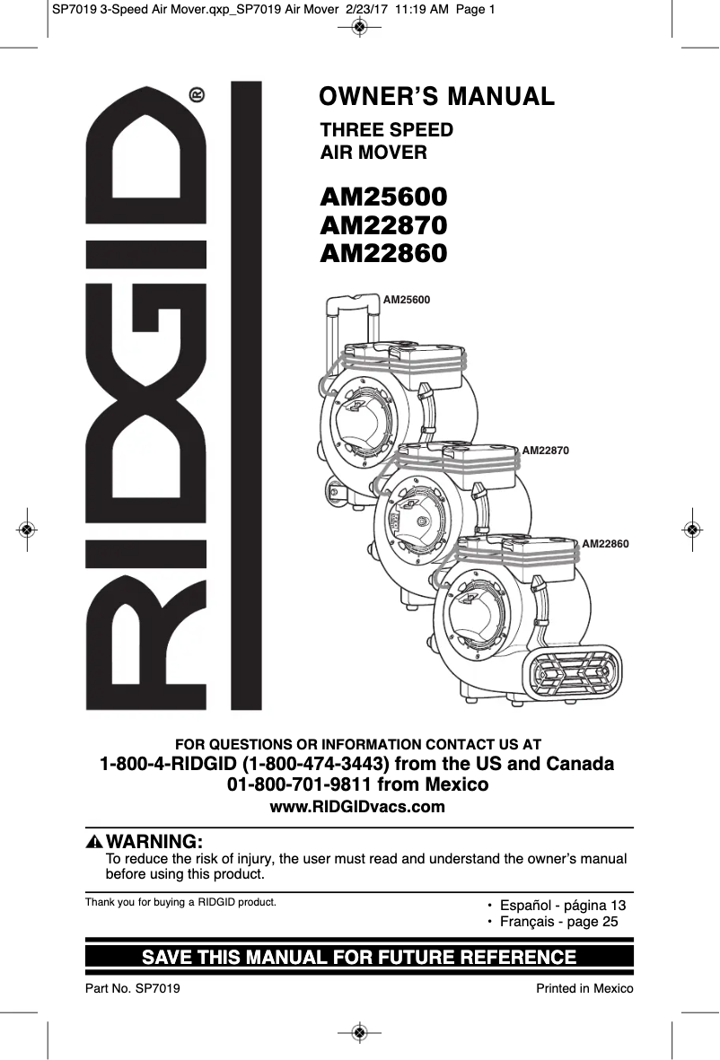 Page n°1 - Manuel utilisateur Ridgid AM22860