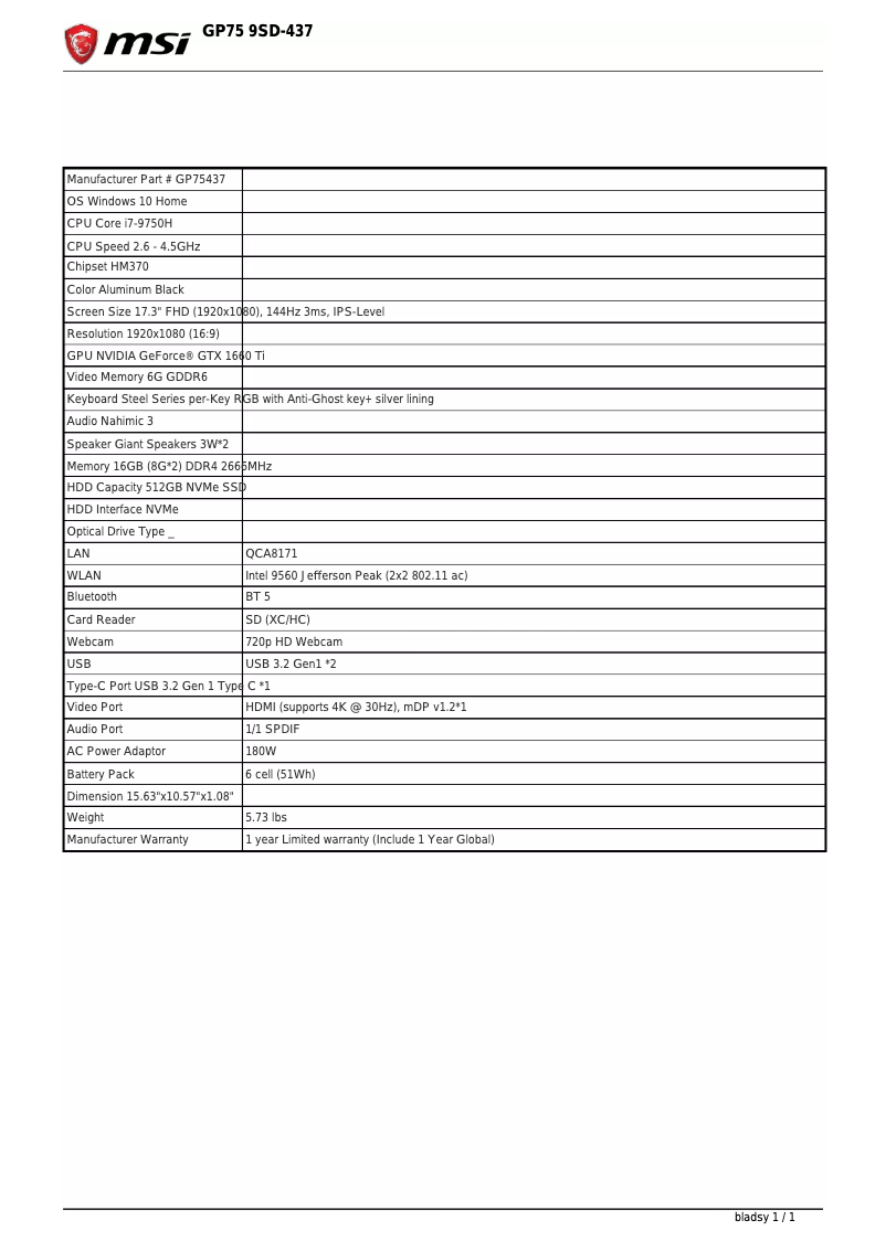 Page 1 de la notice Fiche technique MSI GP75 Leopard