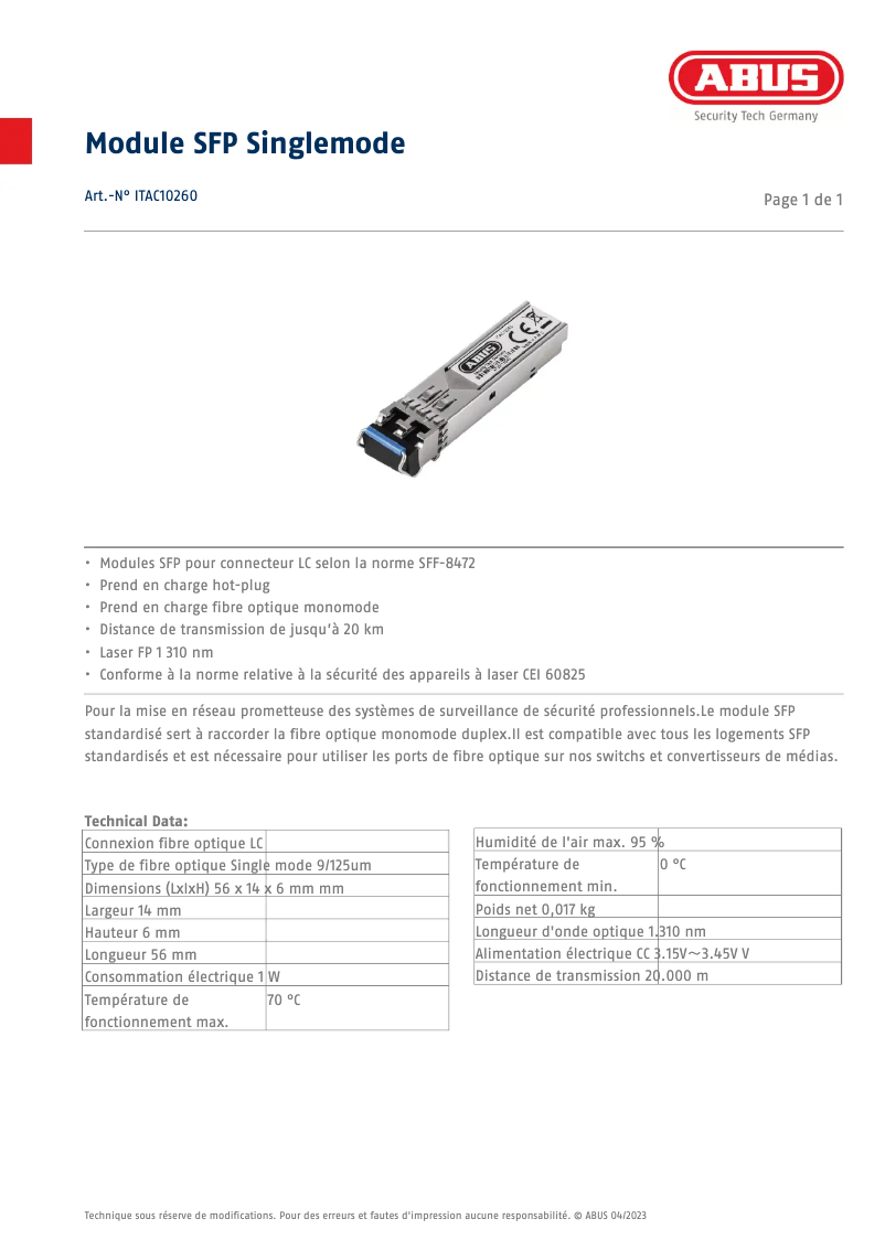 Página 1 del manual Ficha técnica Abus ITAC10260
