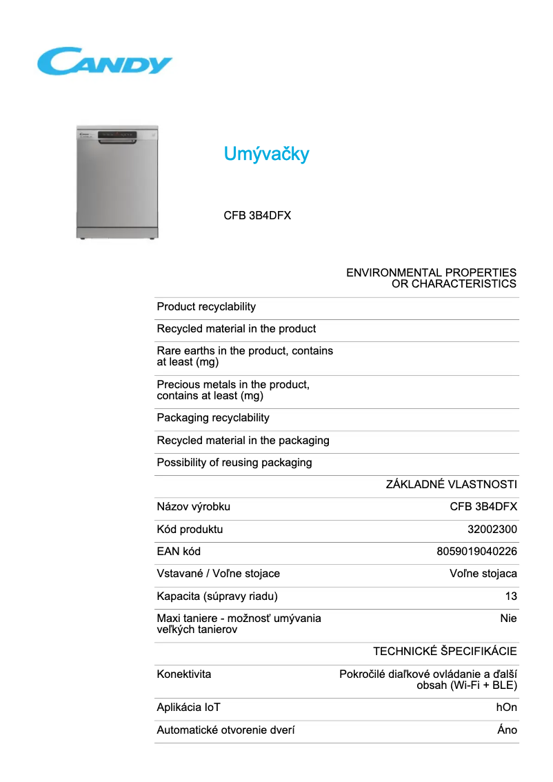 Page 1 de la notice Fiche technique Candy CFB 3B4DFX