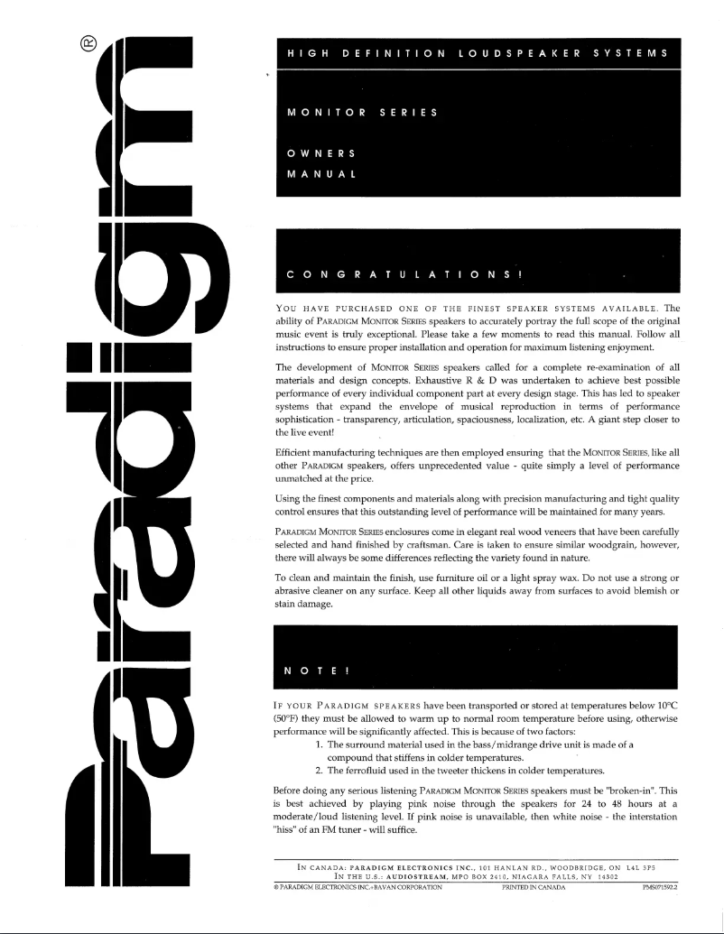 Page n°1 - Manuel utilisateur Paradigm Monitor 5 v2