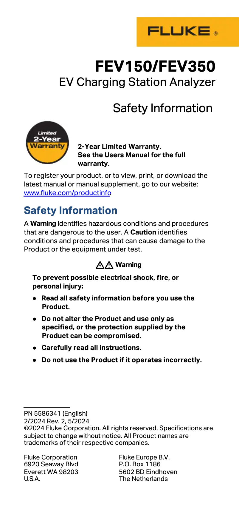 Page 1 de la notice Instructions de sécurité Fluke FEV150