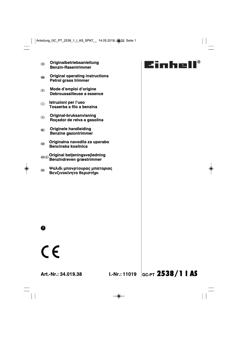 Page 1 de la notice Manuel utilisateur Einhell GC-PT 2538/1 I AS