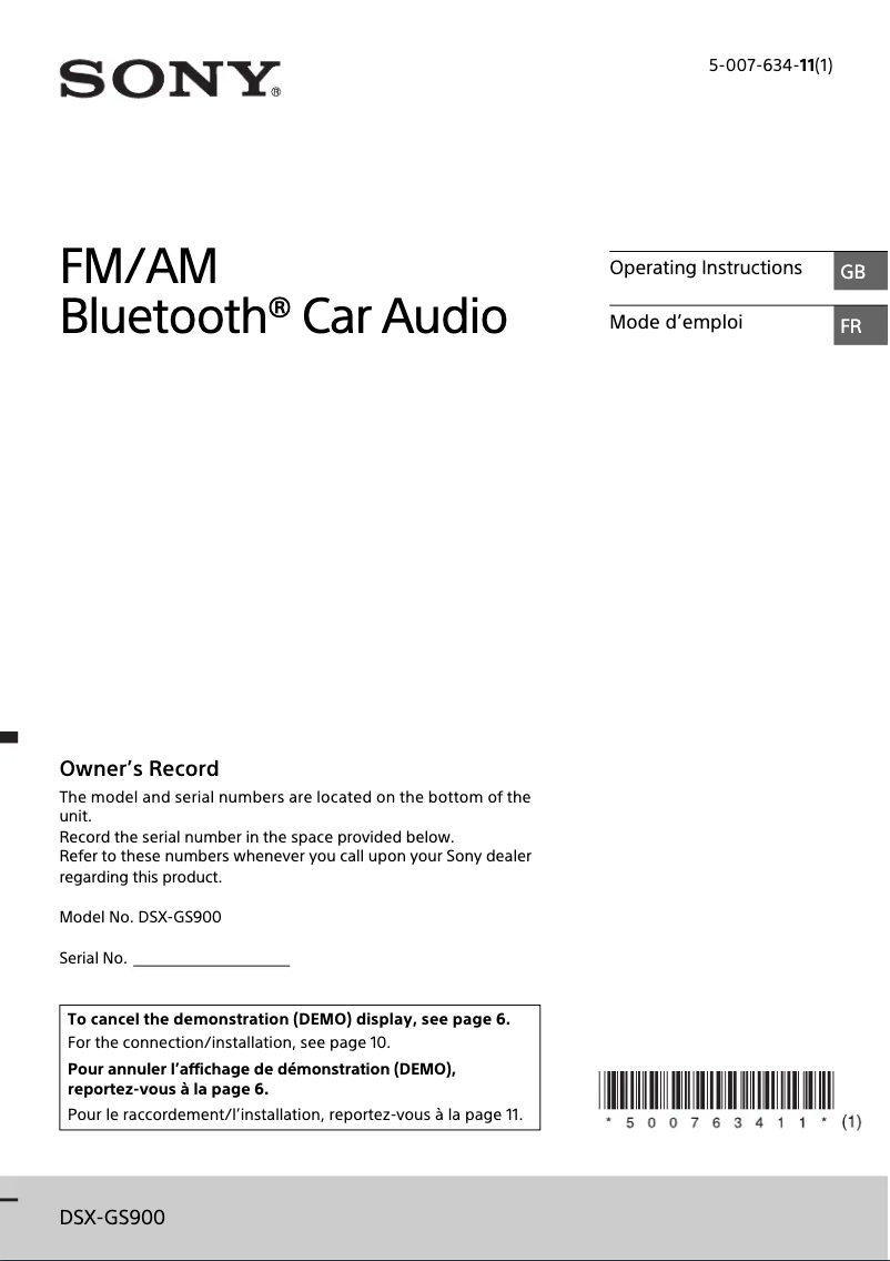 Page 1 de la notice Manuel utilisateur Sony DSX-GS900
