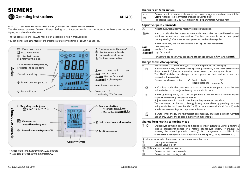 Page 1 de la notice Manuel utilisateur Siemens RDF400