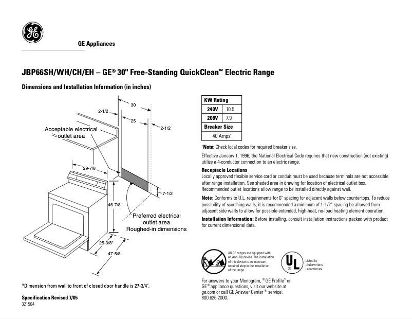 Page n°1 - Fiche technique GE JBP66WHWW
