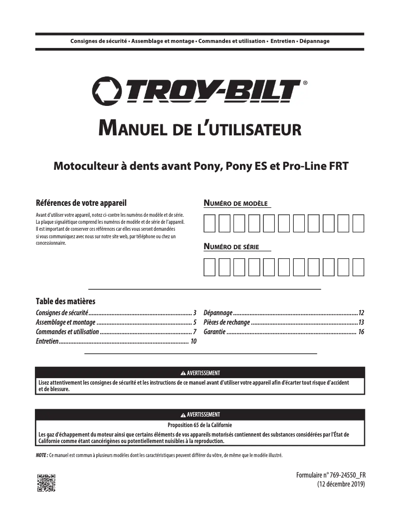 Page 1 de la notice Manuel utilisateur Troy-Bilt Pony
