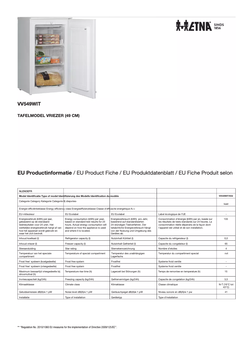 Page 1 de la notice Fiche technique Etna VV549WIT