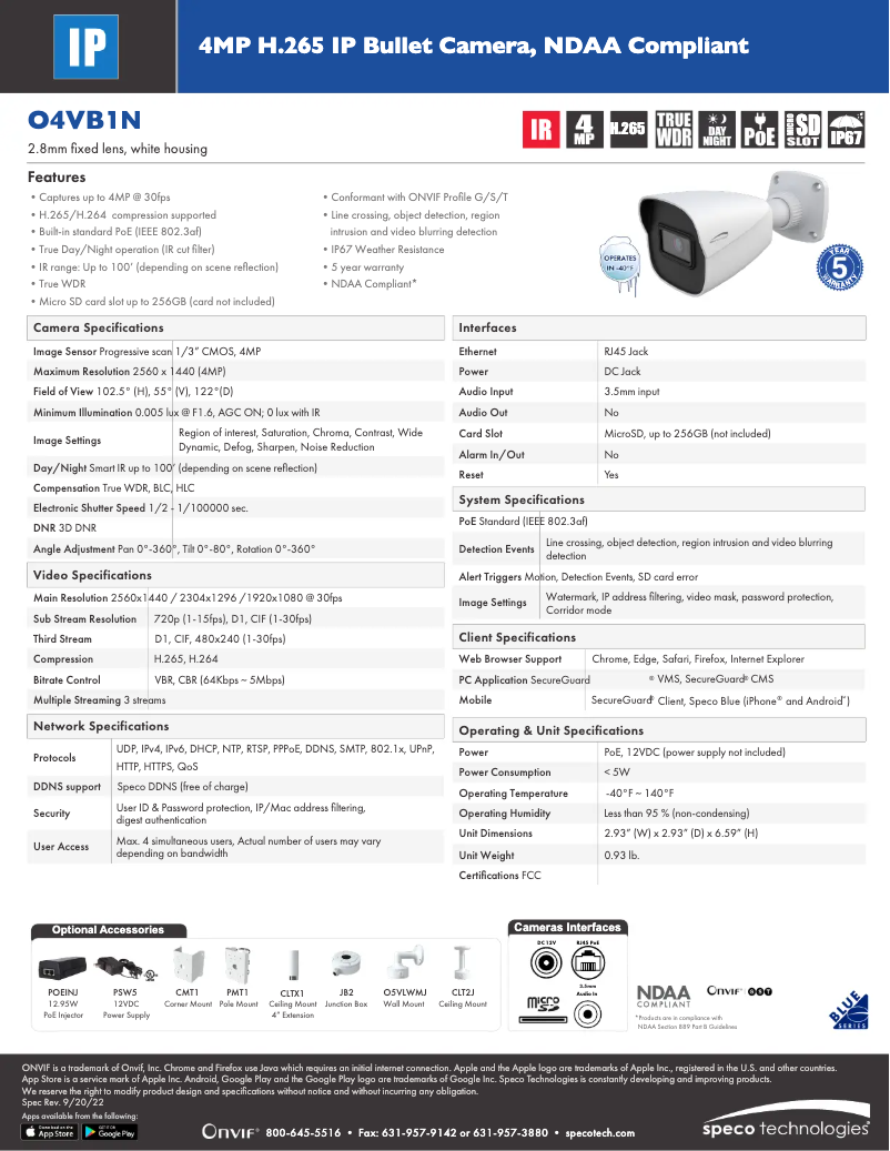 Page 1 de la notice Fiche technique Speco Technologies O4VB1N