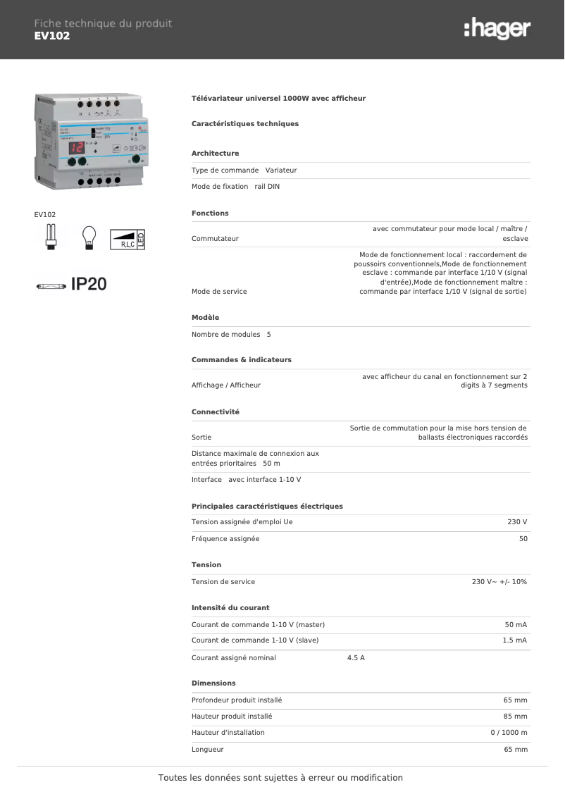 Page 1 de la notice Fiche technique Hager EV102