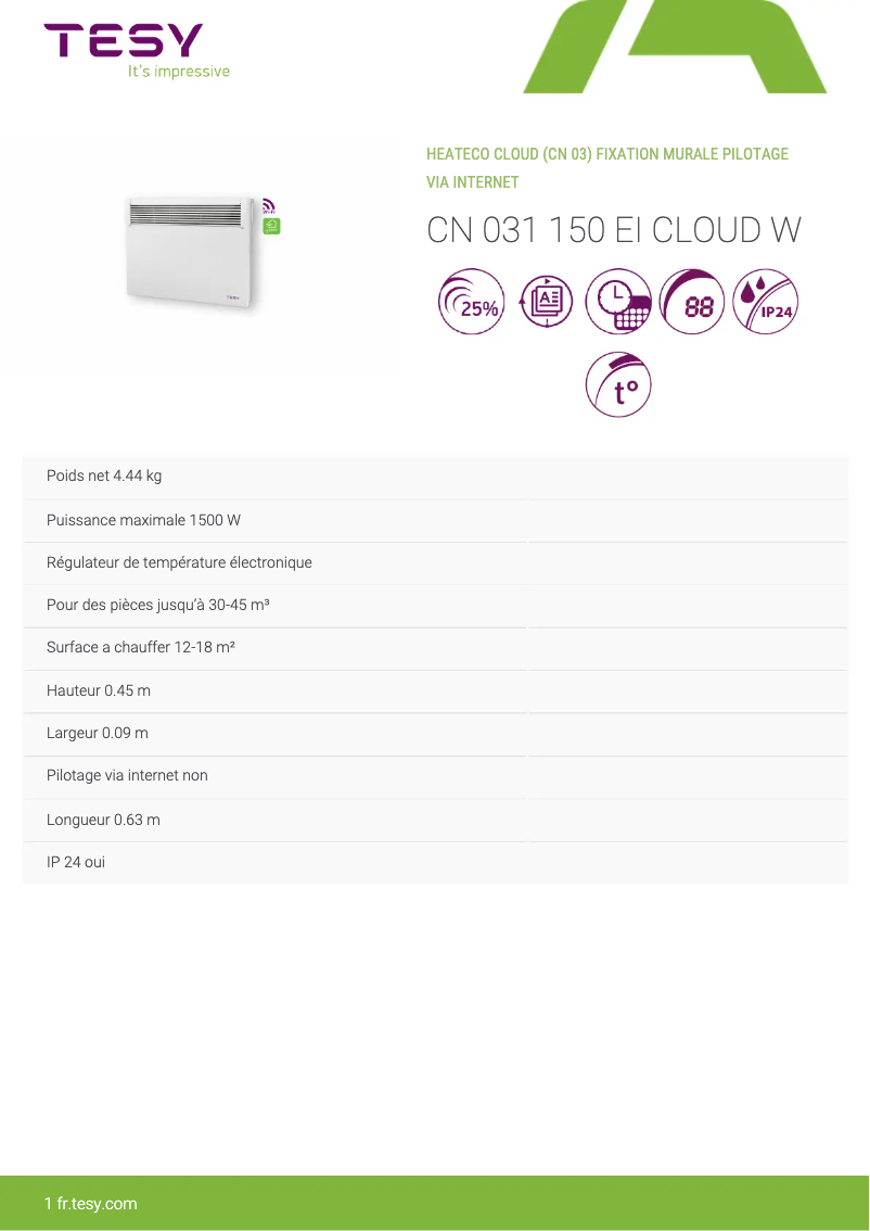 Page 1 de la notice Manuel utilisateur Tesy CN 031 150 EI CLOUD W