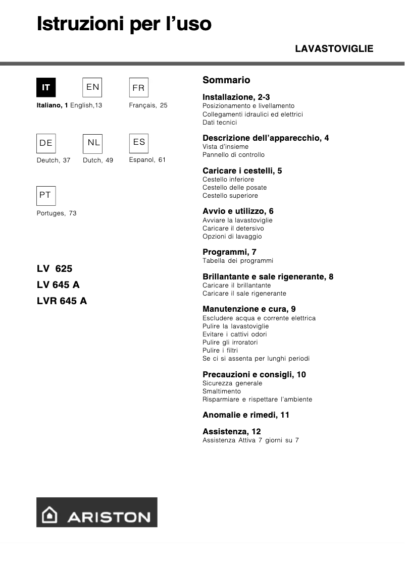 Page 1 de la notice Manuel utilisateur Hotpoint Ariston LV 625 WH