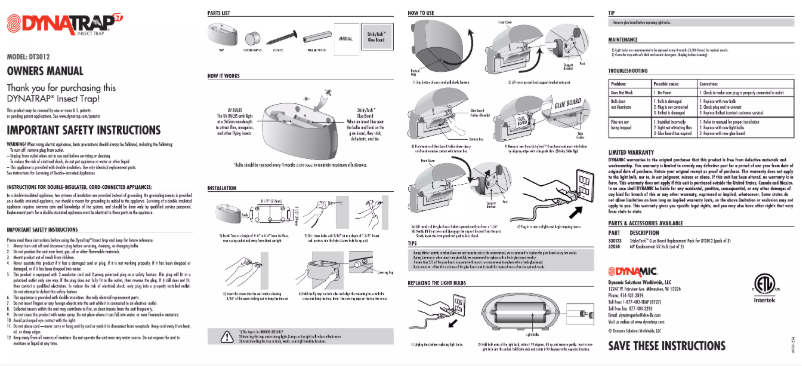 Page n°1 - Manuel utilisateur Dynatrap DT3012