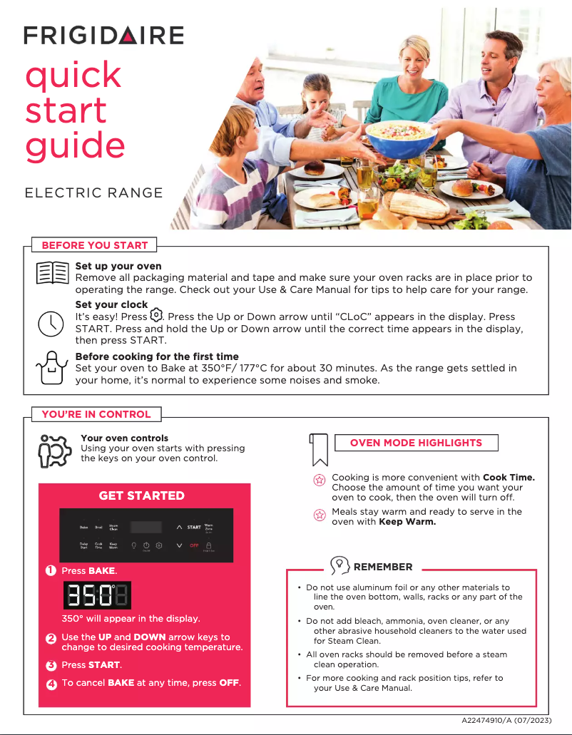 Page 1 de la notice Guide de démarrage rapide Frigidaire FCRE3062AW