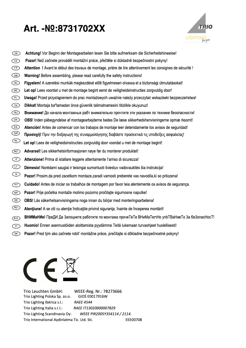 Page 1 de la notice Manuel utilisateur Trio Lighting Narcos 873170207