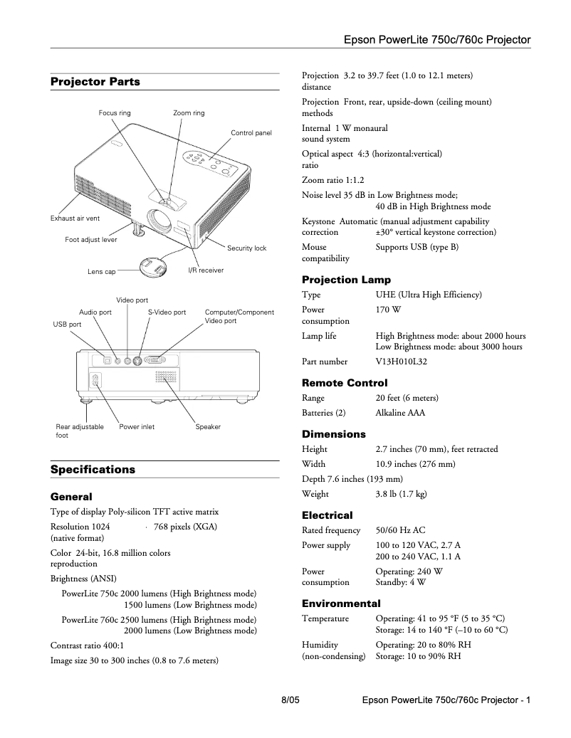 Imagen de la primera página del manual del dispositivo PowerLite 750c