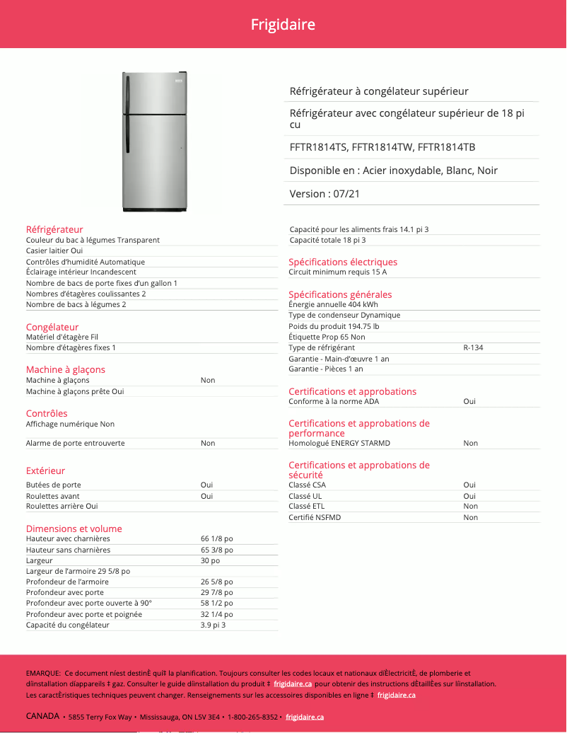 Página 1 del manual Ficha técnica Frigidaire FFTR1814TW