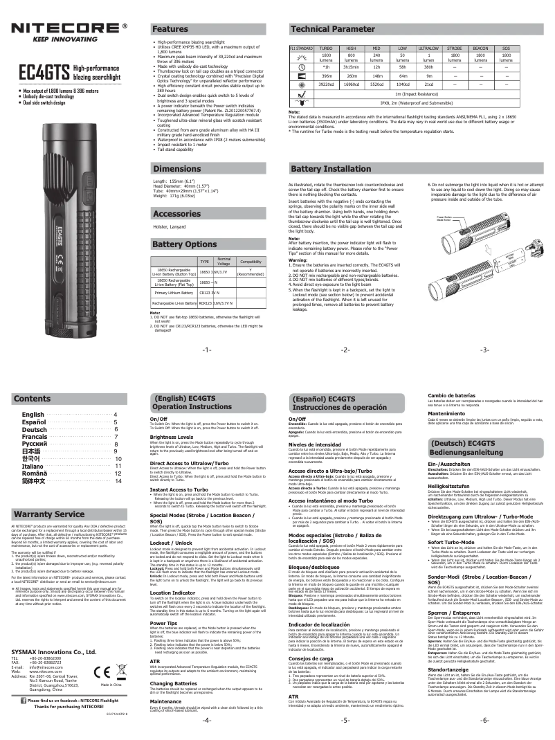 Page 1 de la notice Manuel utilisateur Nitecore EC4GTS