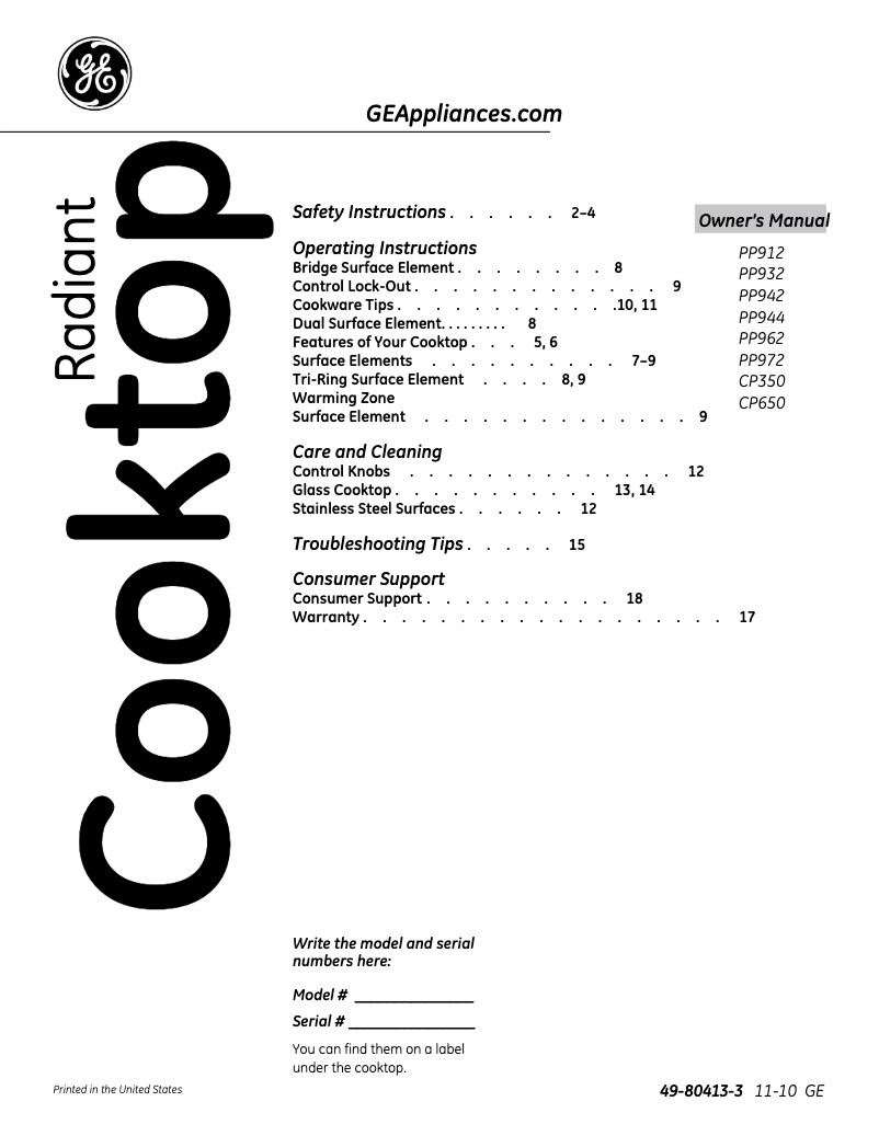 First page image of the manual for Profile PP942TMWW