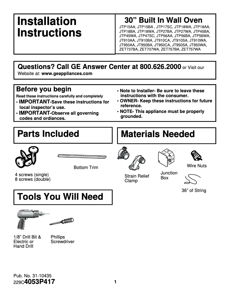 Page 1 de la notice Guide d'installation GE Profile JTP18BDBB