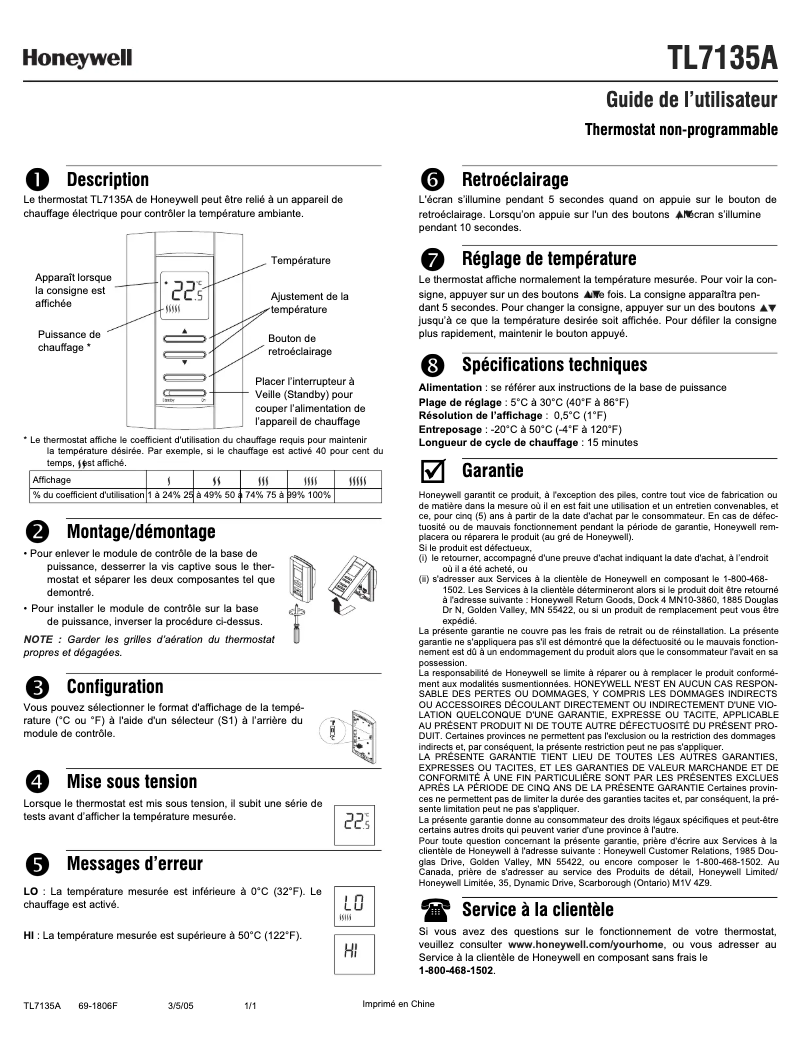 Page 1 de la notice Manuel utilisateur Honeywell TL7135A