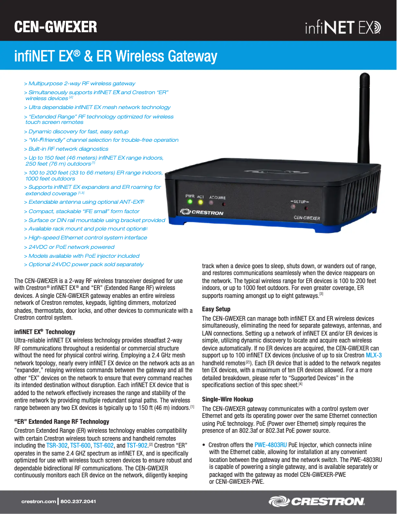 Page 1 de la notice Fiche technique Crestron CENI-GWEXER-PWE