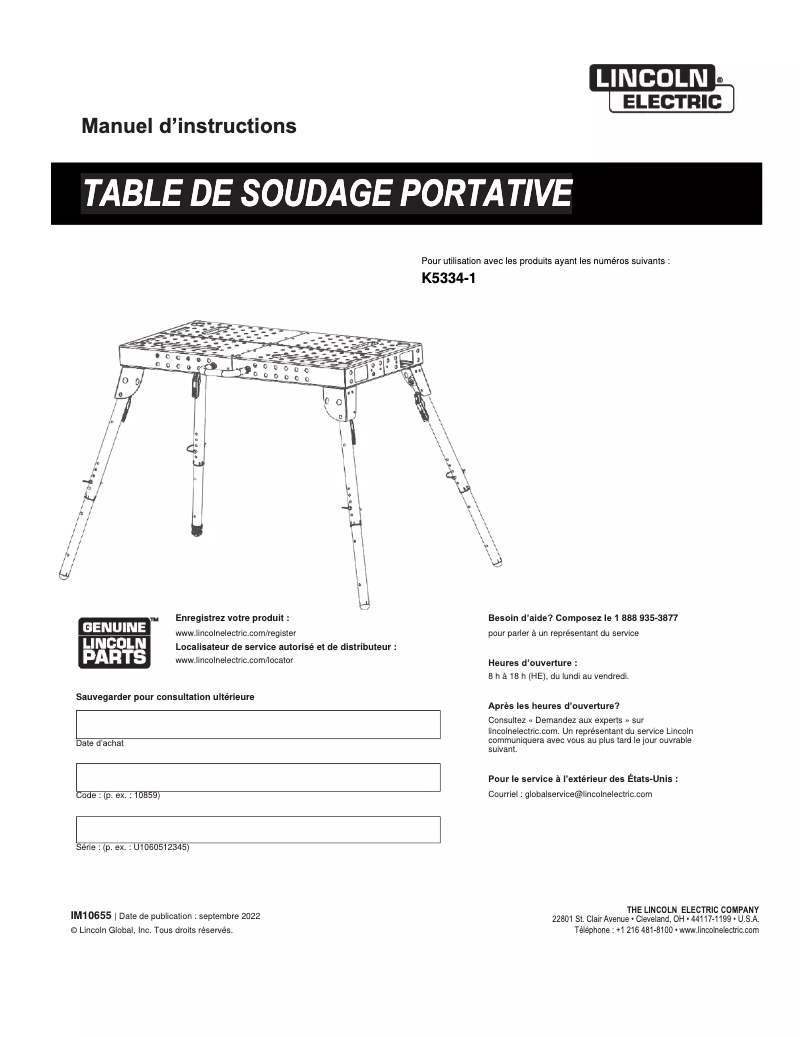 Page 1 de la notice Manuel utilisateur Lincoln Electric K5334-1