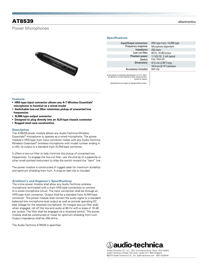 Page n°1 - Manuel utilisateur Audio-Technica AT8539