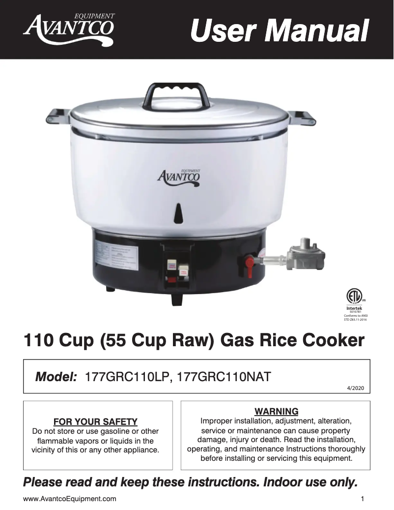 Page 1 de la notice Manuel utilisateur Avantco GRCLP