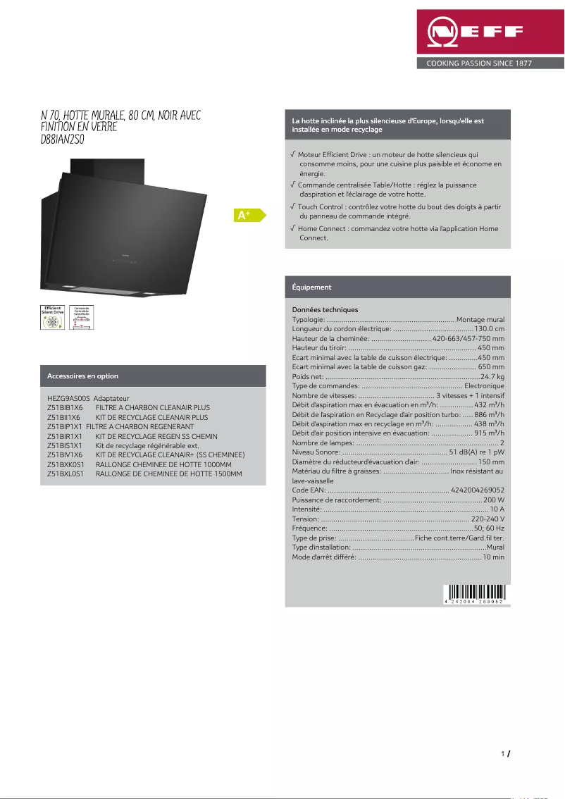 Page 1 de la notice Fiche technique Neff D88IAN2S0