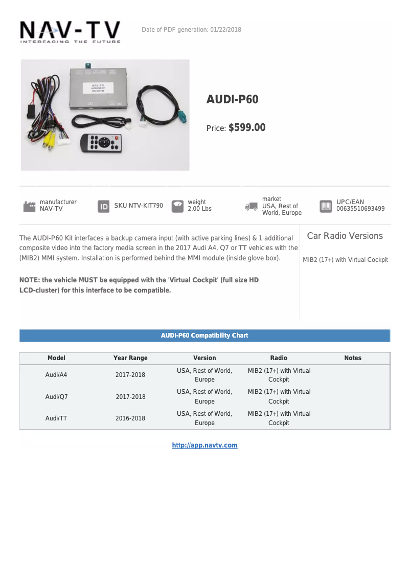 Page n°1 - Fiche technique NAV-TV NTV-KIT790