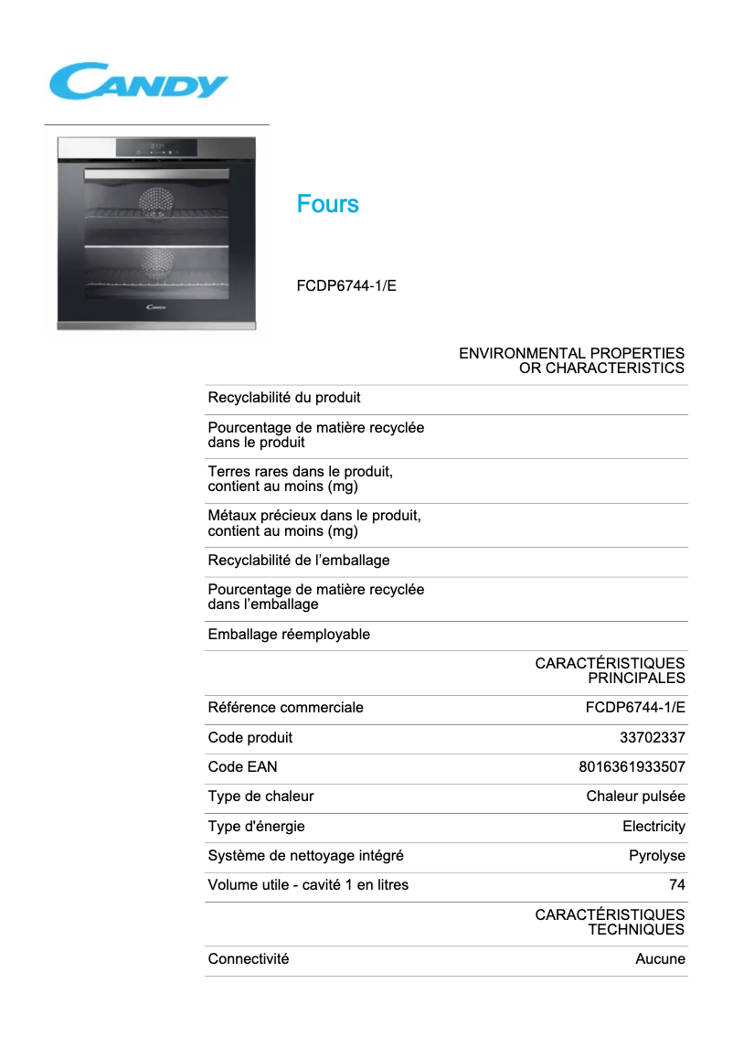 Page 1 de la notice Fiche technique Candy FCDP6744-1/E