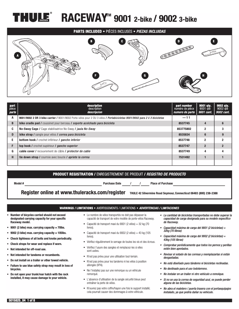 Page 1 de la notice Manuel utilisateur Thule Raceway 9001
