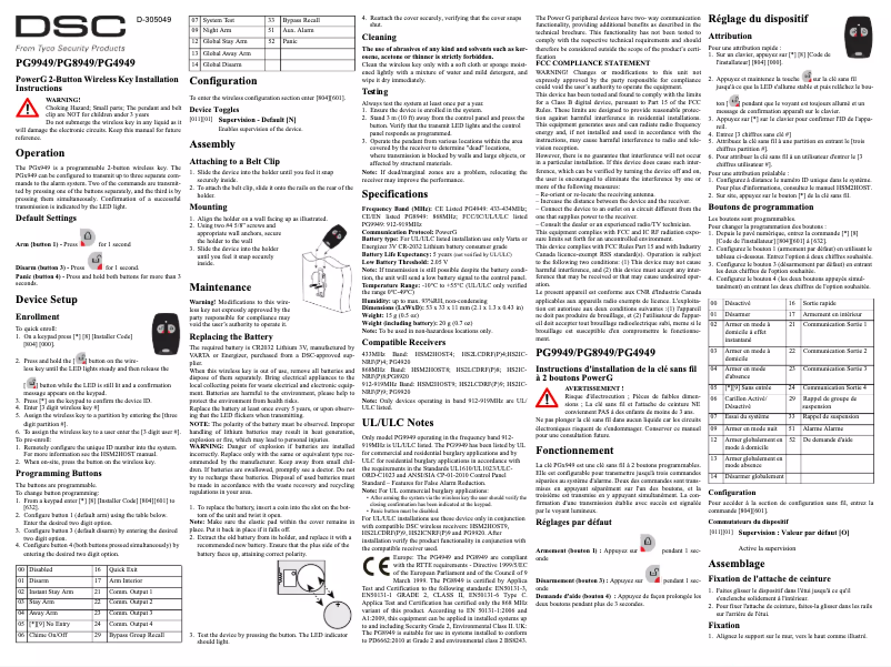 Page 1 de la notice Manuel utilisateur DSC PG9949