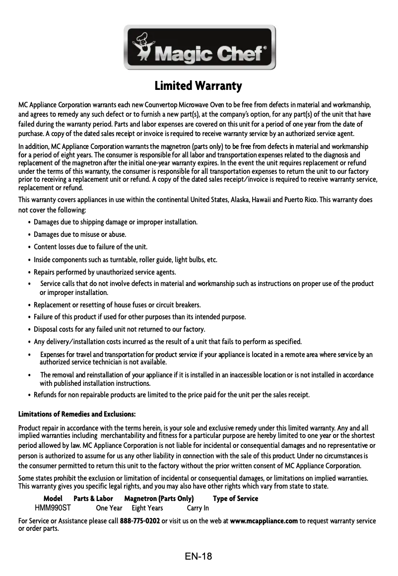 Page n°1 - Informations de garantie Magic Chef HMM990ST