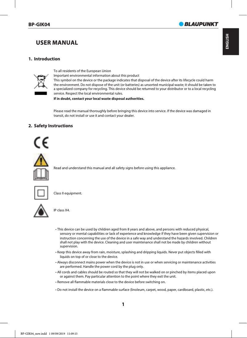 Página 1 del manual Manual de usuario Blaupunkt BP-GIK04