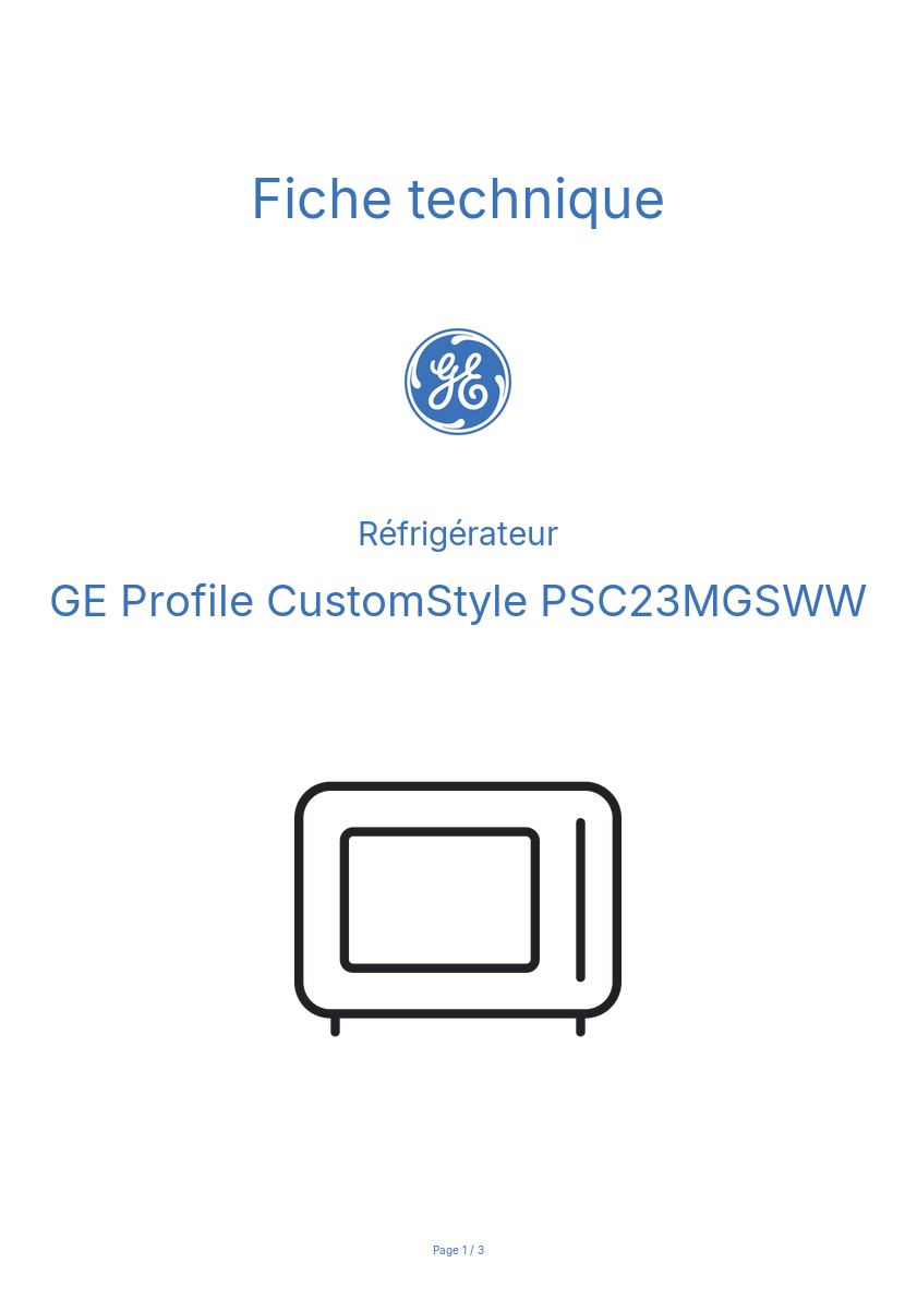 Page n°1 - Fiche technique GE Profile CustomStyle PSC23MGSWW