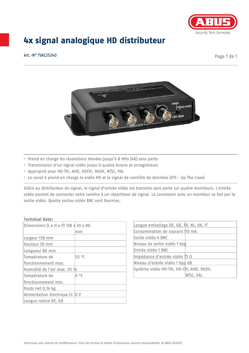 Página 1 del manual Ficha técnica Abus TVAC25240